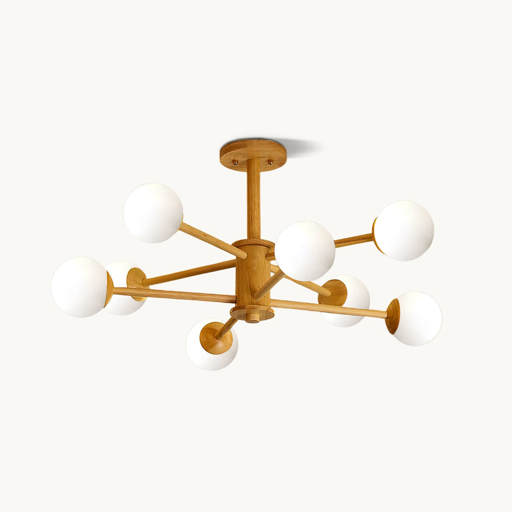 Light wood branching arms carrying frosted white glass globes, this Clérachic ceiling light is shown on a plain white background.