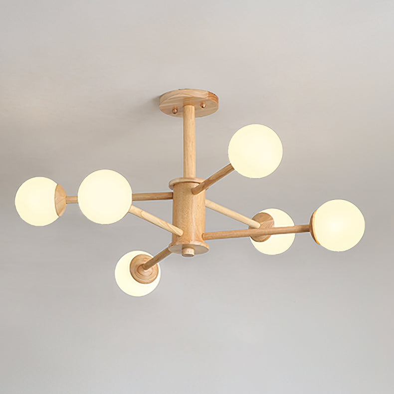 Six-globe light wood ceiling light from Clérachic, angled slightly, with a round wooden canopy against a pale grey ceiling.