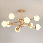 Light wood Clérachic ceiling light with eight white globes on long arms around a wooden hub, against a grey ceiling.