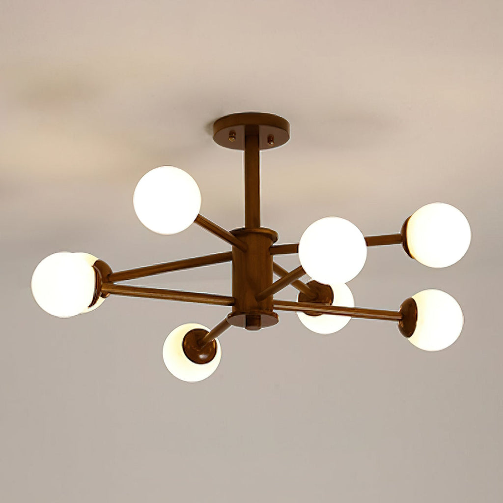 Dark walnut Clérachic ceiling light with eight globes on slim arms and a round walnut canopy, shown against a grey ceiling.