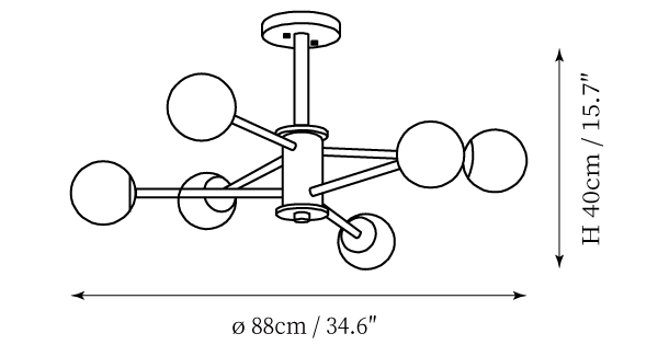 Dimension drawing of this Clérachic ceiling light, with its 88 cm diameter and 40 cm height marked.