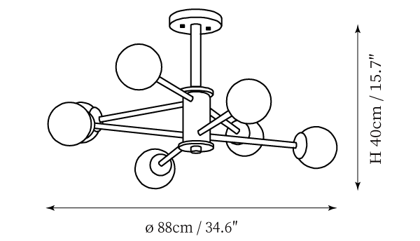 Line drawing of the eight-arm version of this Clérachic ceiling light, marked with an 88 cm diameter and a 40 cm height.