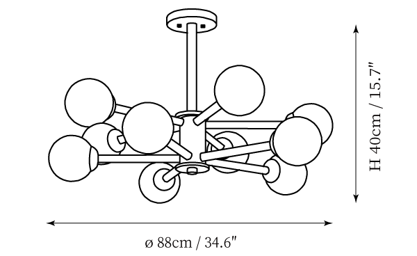 Dimension drawing of the fuller Clérachic ceiling light, with the same 88 cm width and 40 cm height marked.