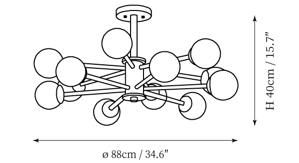 Dimension drawing of this Clérachic ceiling light with a dense ring of globes, marked 88 cm across and 40 cm high.