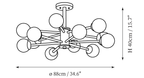 Dimension drawing of this Clérachic ceiling light with a dense ring of globes, marked 88 cm across and 40 cm high.