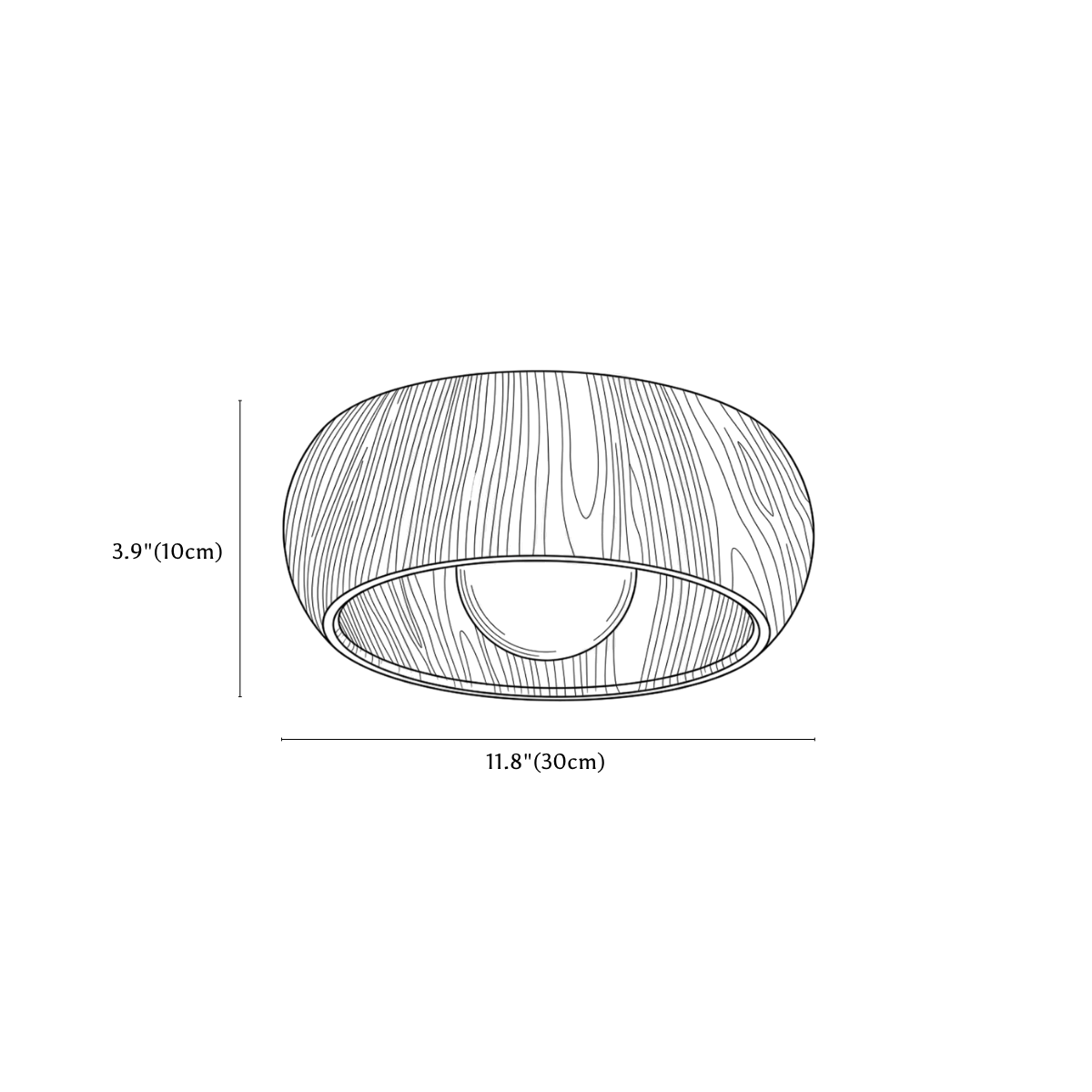 Clérachic ceiling light dimension drawing, every measurement marked in centimetres and inches.