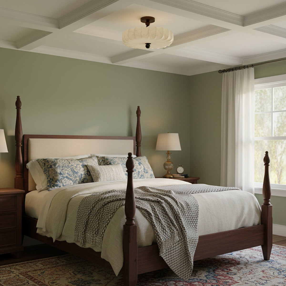 A pleated beige Clérachic ceiling light hangs from a coffered ceiling above a four-poster bed, in a sage-green bedroom.