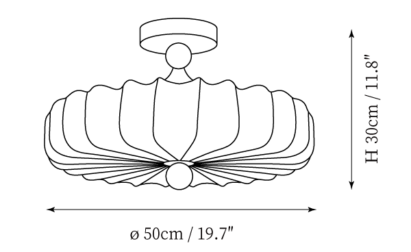Clérachic ceiling light dimension drawing, every measurement marked in centimetres and inches.