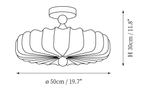 Clérachic ceiling light dimension drawing, every measurement marked in centimetres and inches.