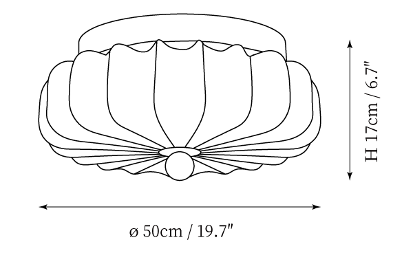 Clérachic ceiling light dimension drawing, every measurement marked in centimetres and inches.