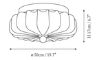 Clérachic ceiling light dimension drawing, every measurement marked in centimetres and inches.