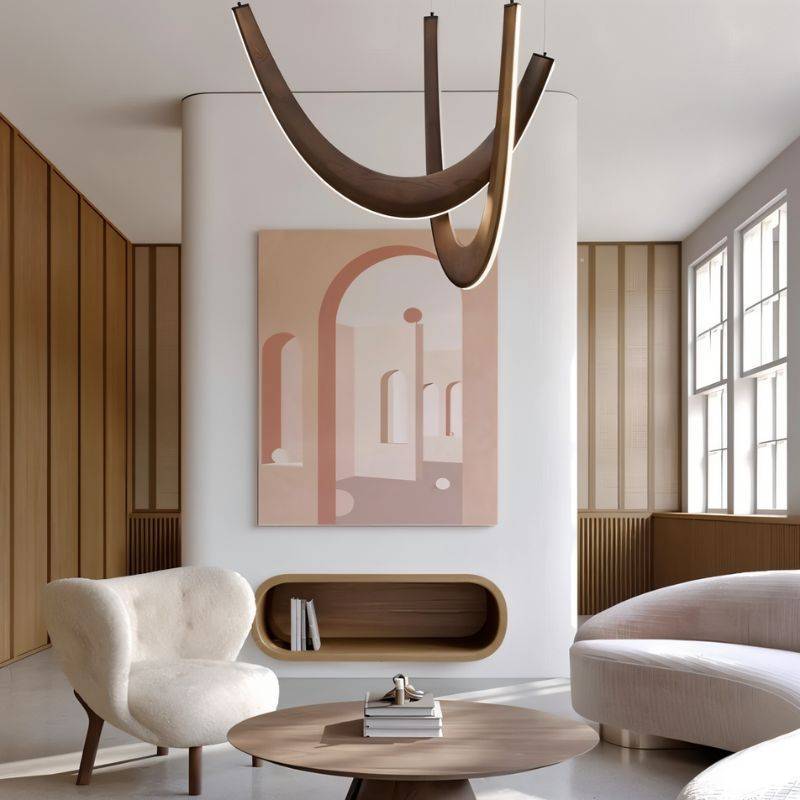 Clérachic dark wood chandelier of curved oak loops in a bright living room with a boucle chair and round oak table.