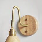 Close view of the brass gooseneck bend, lamp holder and wooden backplate with brass screws on this Clérachic wall light.