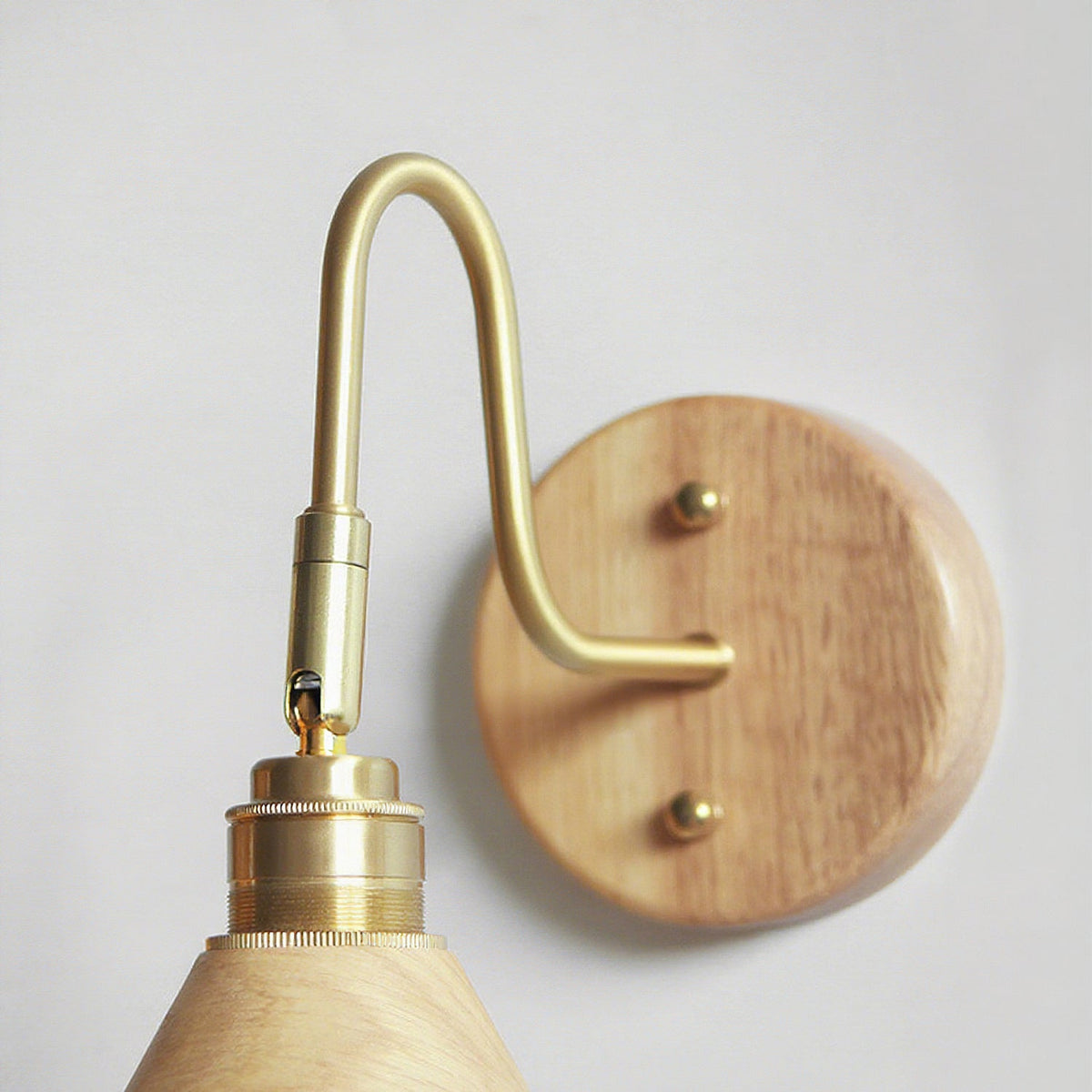 Close view of the brass gooseneck bend, lamp holder and wooden backplate with brass screws on this Clérachic wall light.