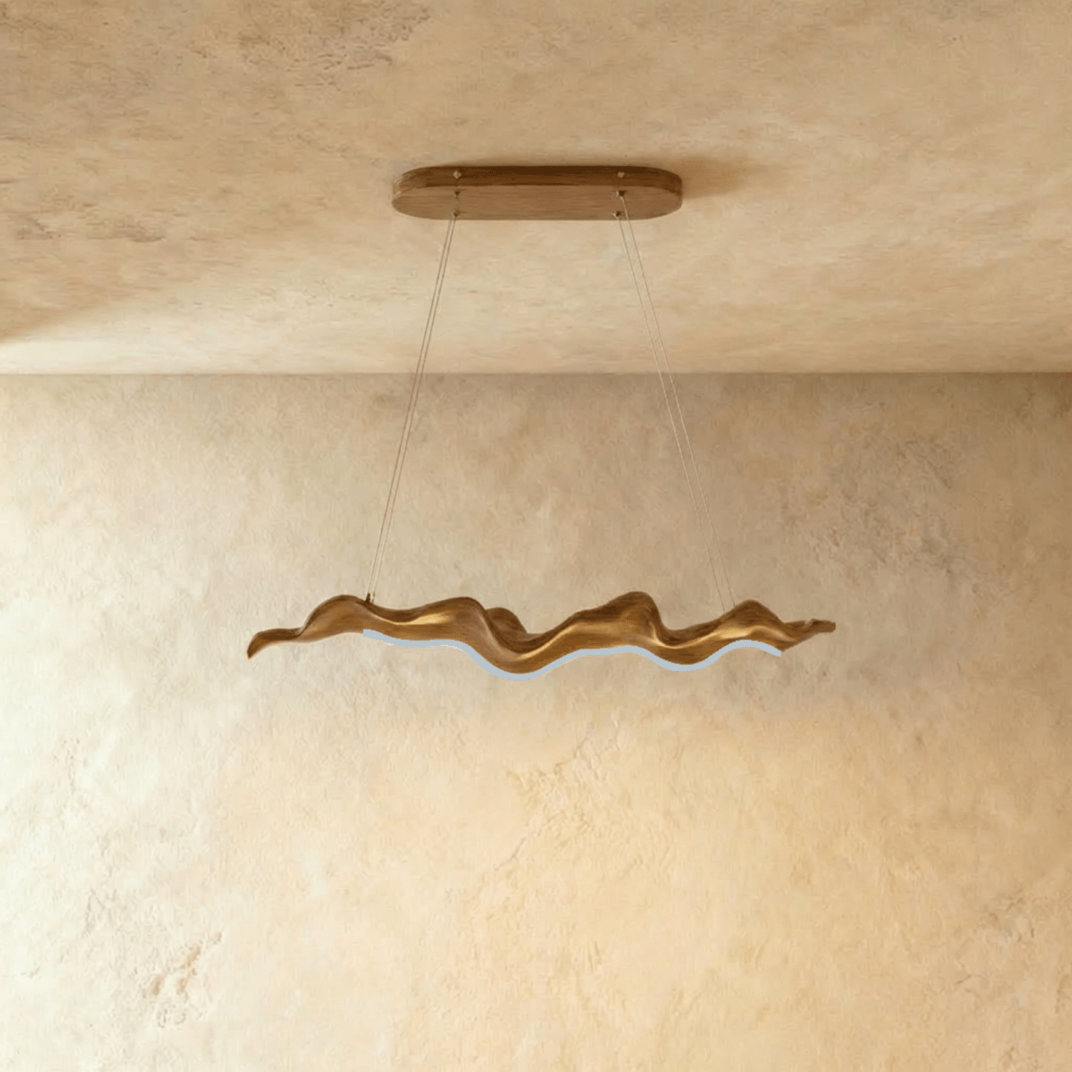 Clérachic wavy wood-finish chandelier on two cables, shown lit with a cool white LED line along its curved underside.