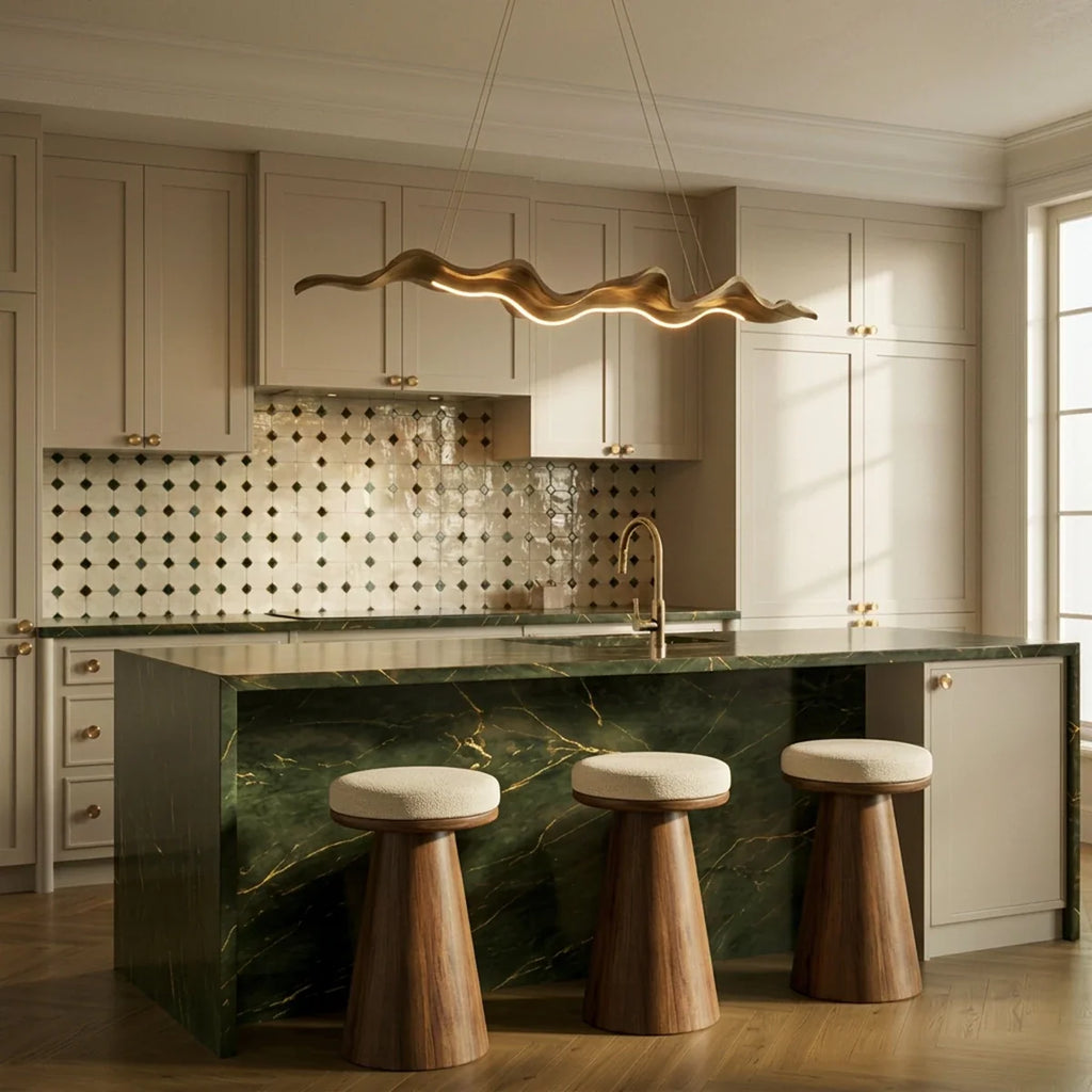 Clérachic wavy ribbon chandelier hung over a green marble kitchen island with three wood-and-boucle stools and a brass tap.