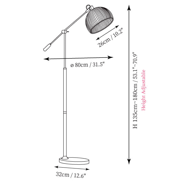 Clérachic floor lamp dimension drawing, every measurement marked in centimetres and inches.