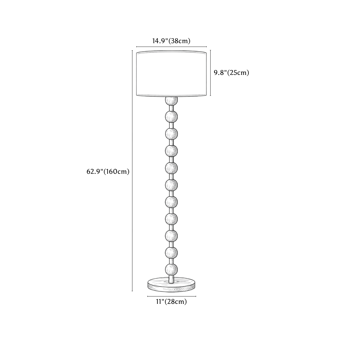 Clérachic floor lamp dimension drawing, 1, every measurement marked in centimetres and inches.