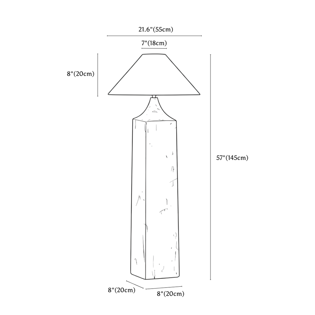 Clérachic floor lamp dimension drawing, 55 × 145 cm, every measurement marked in centimetres and inches.