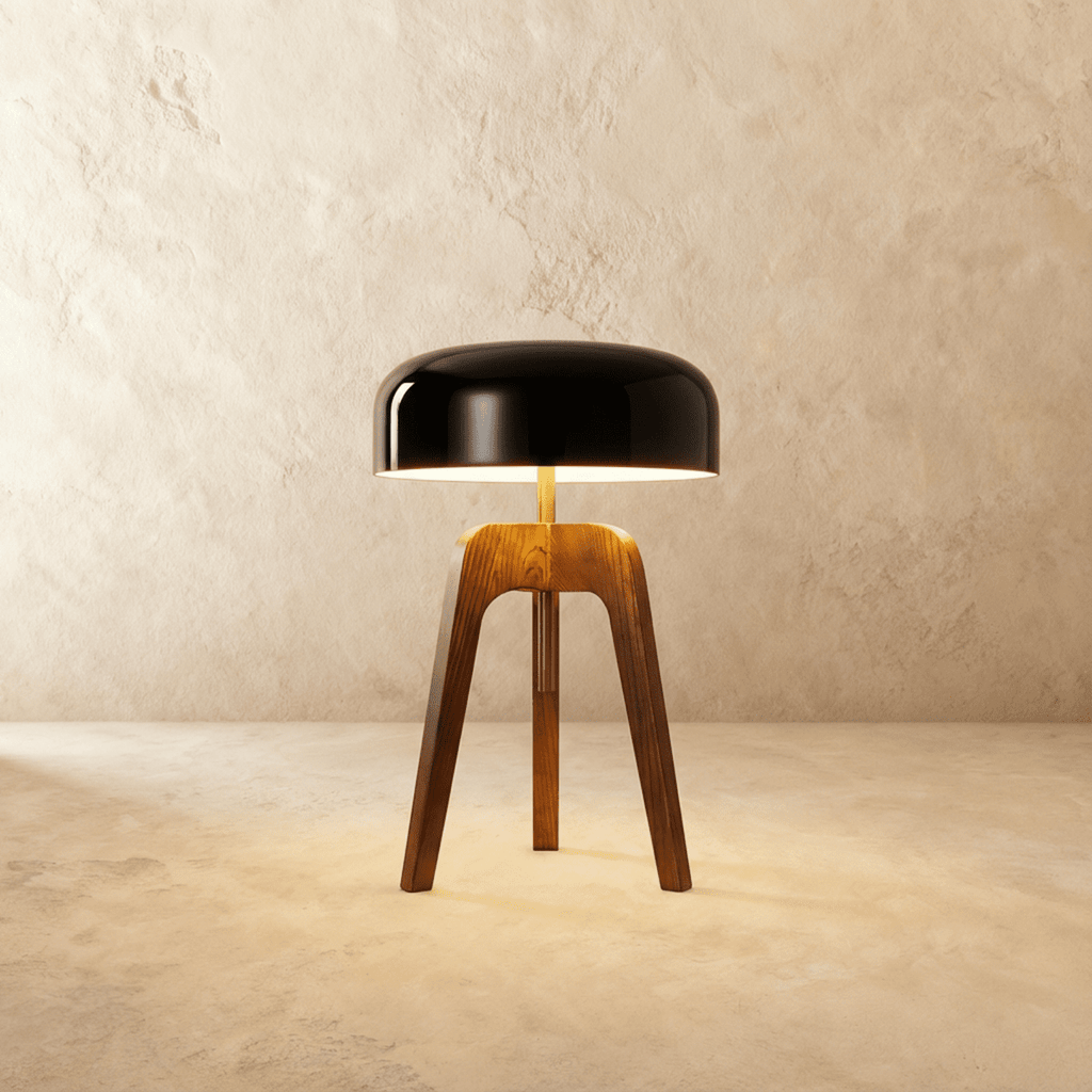 Clérachic compact tripod lamp with dark wood legs and a glossy black disc shade, lit, on a limewash backdrop.