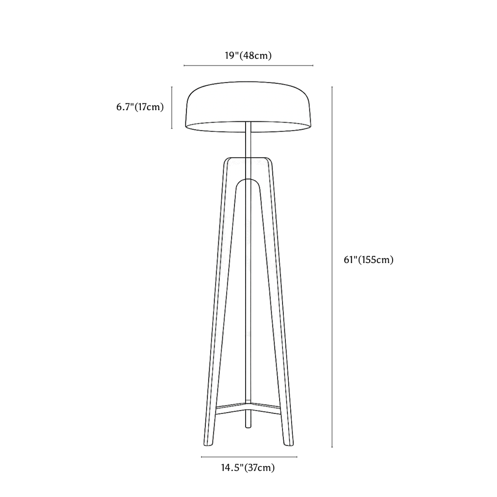 Clérachic floor lamp dimension drawing, 155 cm, every measurement marked in centimetres and inches.