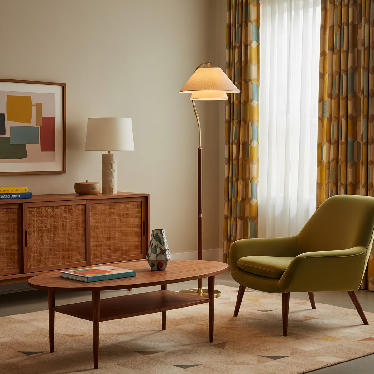 Lit Clérachic floor lamp in a living room, next to an olive-green armchair and a walnut sideboard with a cane front.