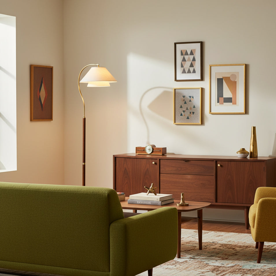 A Clérachic floor lamp stands behind an olive sofa, beside a walnut sideboard hung with three small geometric prints.