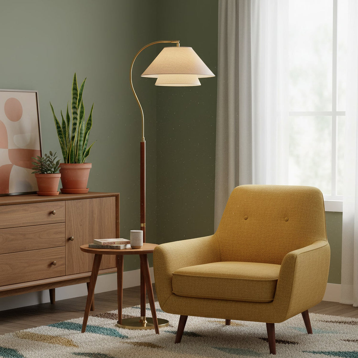 Clérachic floor lamp next to a mustard armchair, with a walnut chest of drawers and two potted plants behind it.