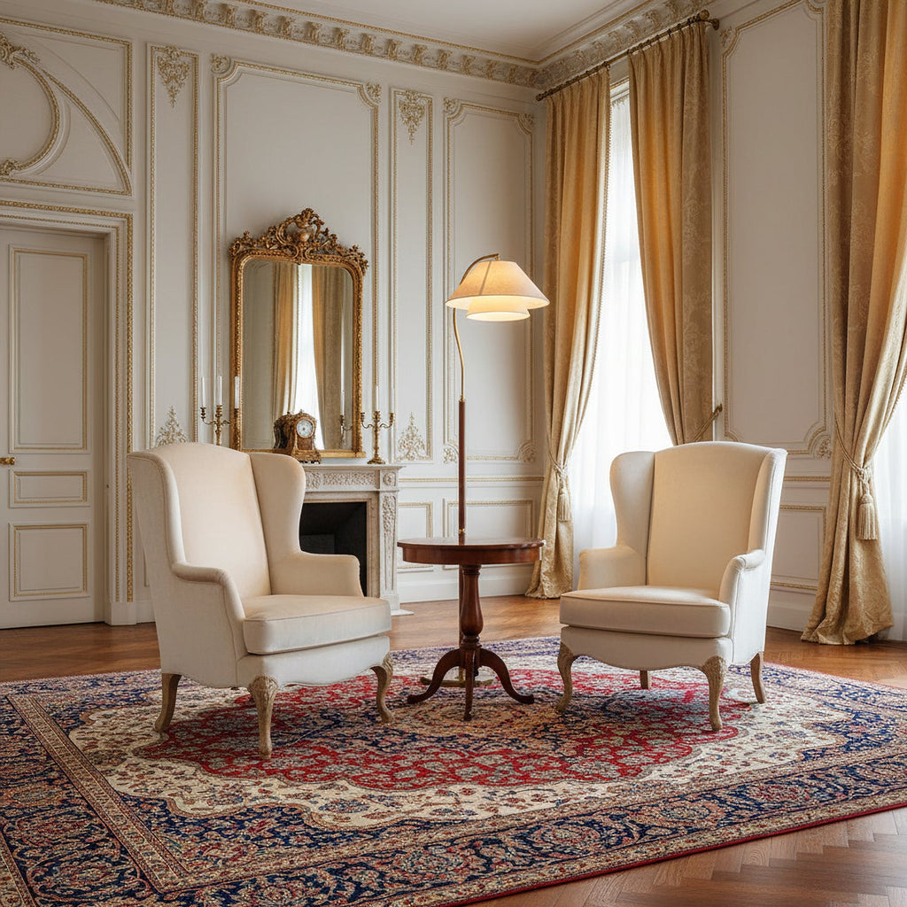 In a formal room with gilt panelling and a patterned rug, a Clérachic floor lamp stands between two cream wing chairs.
