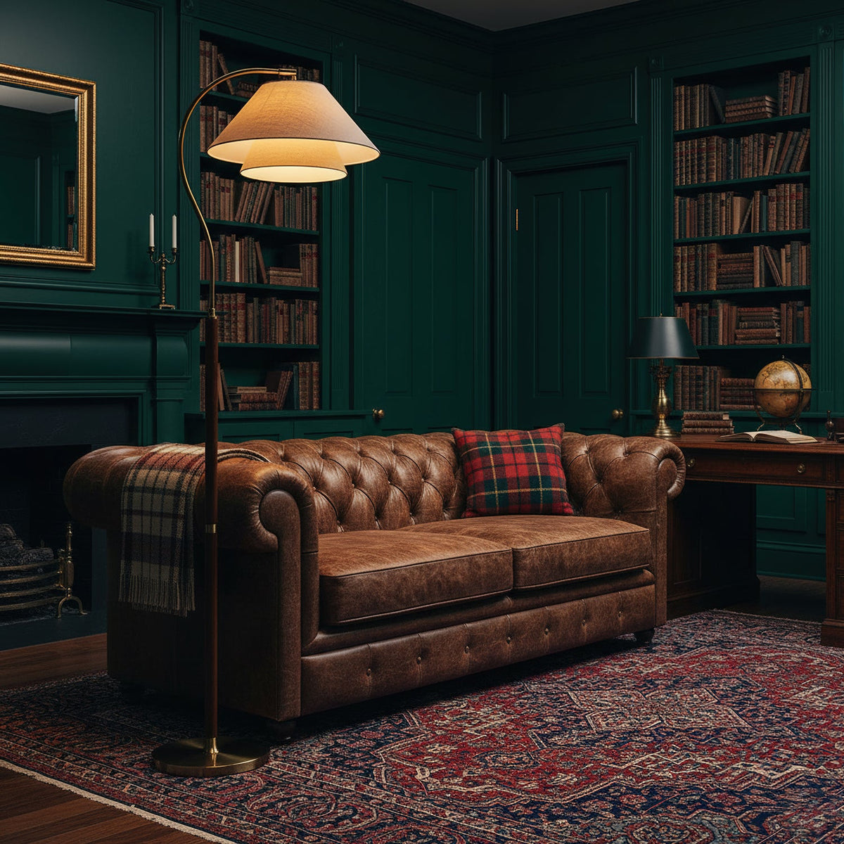 Dark-green library with built-in bookshelves and a tufted leather sofa, lit by this Clérachic floor lamp's glowing shade.