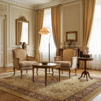 A Clérachic floor lamp in a classic sitting room, between two upholstered chairs on a large patterned rug.