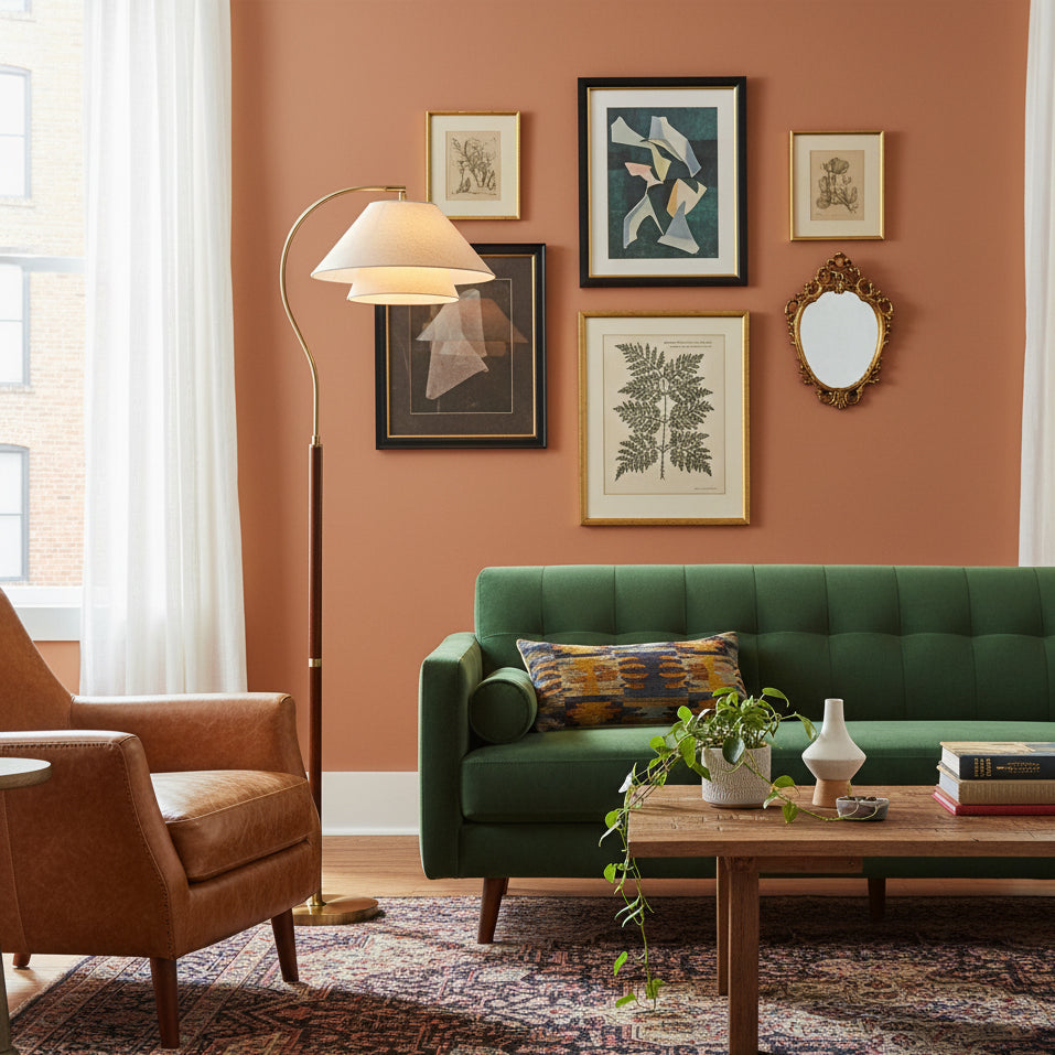 This Clérachic floor lamp sits in front of a framed-print gallery wall in terracotta, with a green velvet sofa below.