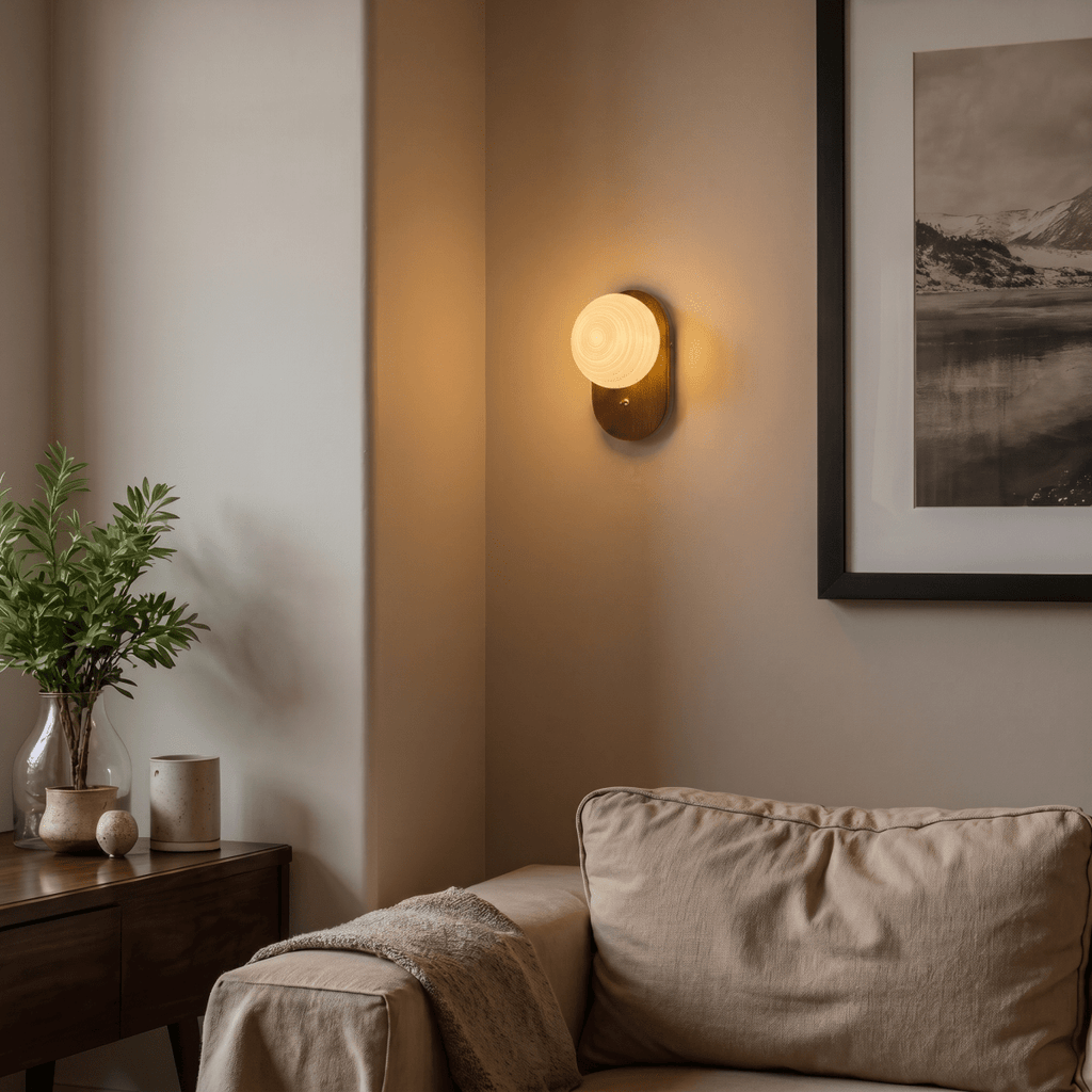 Clérachic wall lamp glowing in a room corner beside a framed mountain print and a potted plant.