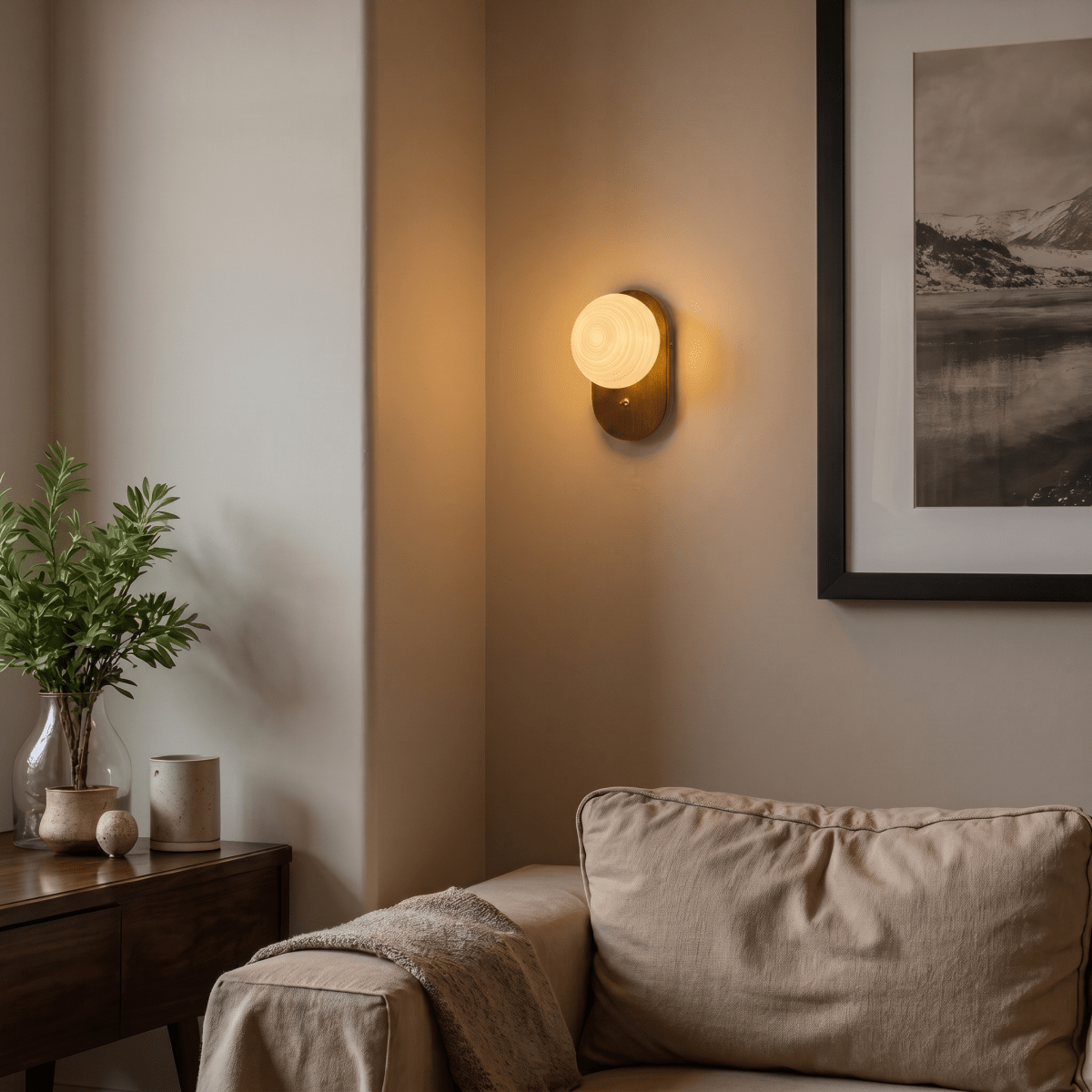 Clérachic wall lamp glowing in a room corner beside a framed mountain print and a potted plant.