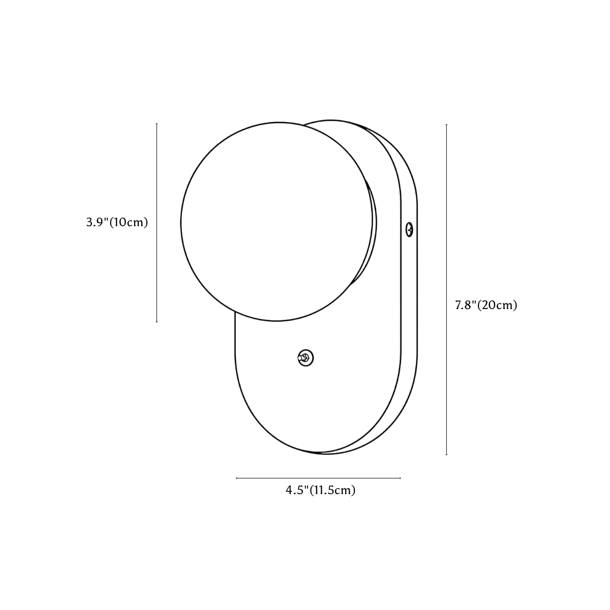 Clérachic wall light dimension drawing, every measurement marked in centimetres and inches.