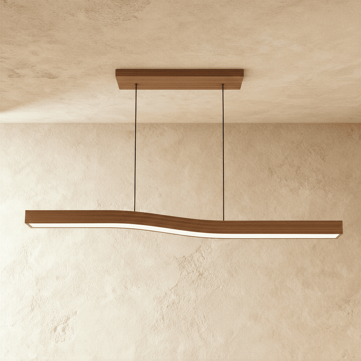 Side angle of the Clérachic walnut bar pendant shows its S-curve silhouette suspended on two thin cables.