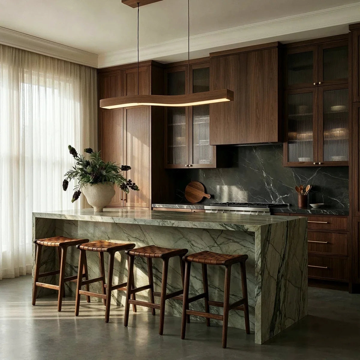 A Clérachic wood-grain bar pendant lights a marbled green kitchen island lined with woven leather counter stools.