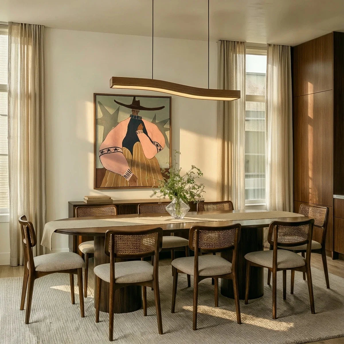 A Clérachic wood-grain bar pendant hangs above a long dining table set beneath a large framed painting.