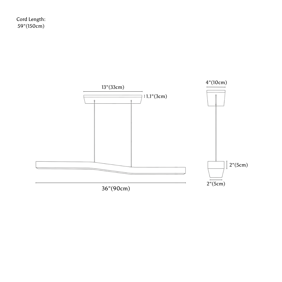 Clérachic pendant light dimension drawing, 36 90 cm, every measurement marked in centimetres and inches.