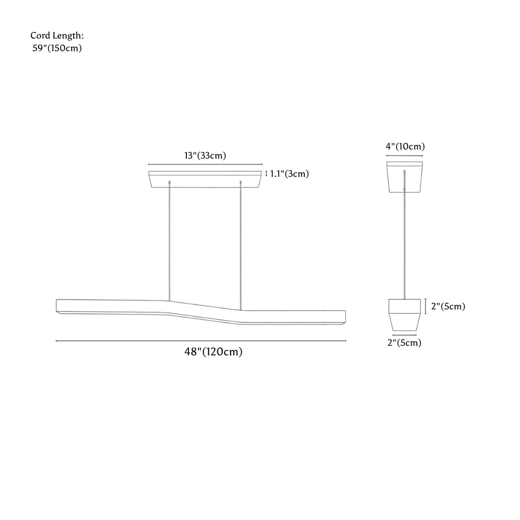 Clérachic pendant light dimension drawing, 48 120 cm, every measurement marked in centimetres and inches.