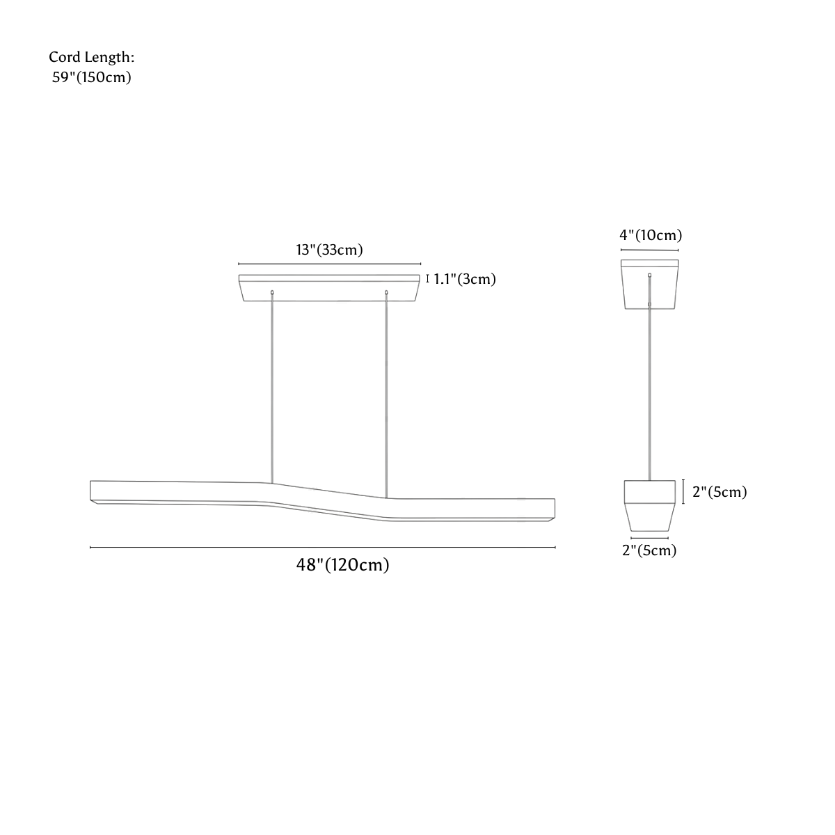 Clérachic pendant light dimension drawing, 48 120 cm, every measurement marked in centimetres and inches.