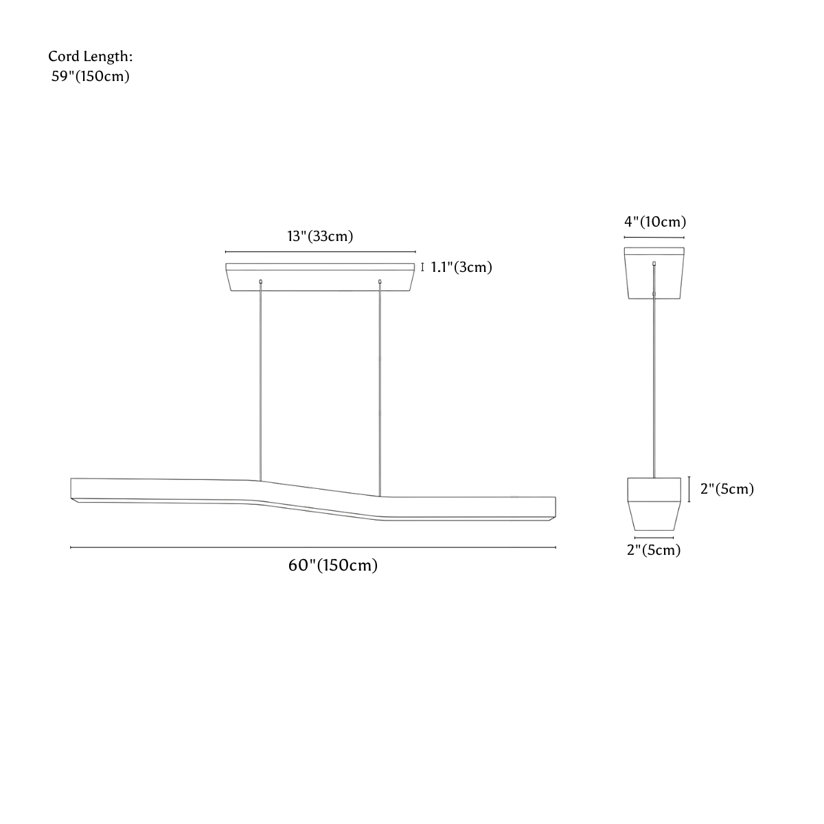 Clérachic pendant light dimension drawing, 60 150 cm, every measurement marked in centimetres and inches.
