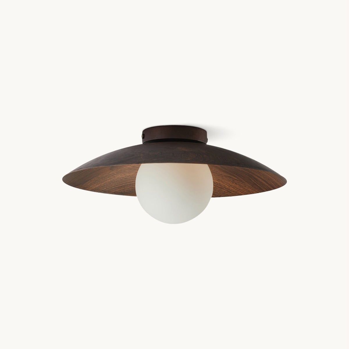 This Clérachic flush-mount ceiling light has a shallow dark wood-grain shade and a frosted white glass globe, shown on a plain white backdrop.