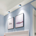 Two blue Clérachic Wood-Grain Cylinder Ceiling Lights washing a pale blue hallway wall above framed prints.