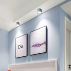 Two blue Clérachic Wood-Grain Cylinder Ceiling Lights washing a pale blue hallway wall above framed prints.