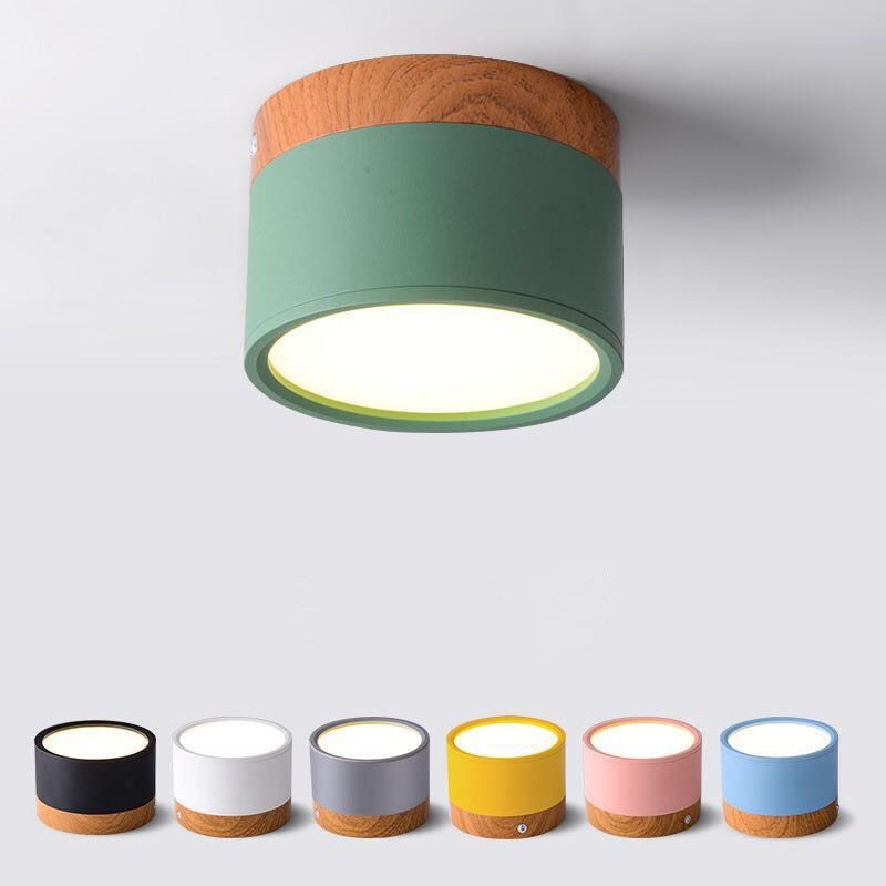 Green Clérachic Wood-Grain Cylinder Ceiling Light fixed to a white ceiling, with six other body colours shown below.