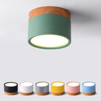 Green Clérachic Wood-Grain Cylinder Ceiling Light fixed to a white ceiling, with six other body colours shown below.