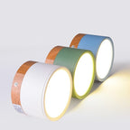 White, green and blue Clérachic Wood-Grain Cylinder Ceiling Lights lit side by side, showing the glowing acrylic discs.