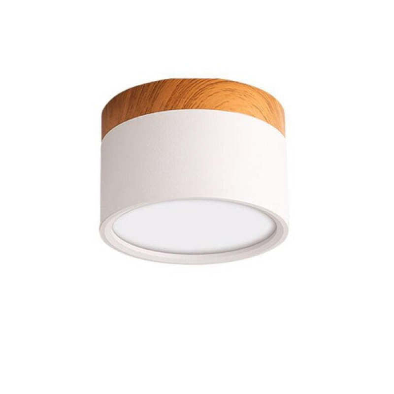 Clérachic Wood-Grain Cylinder Ceiling Light in white, the flat acrylic diffuser recessed just inside the rim.