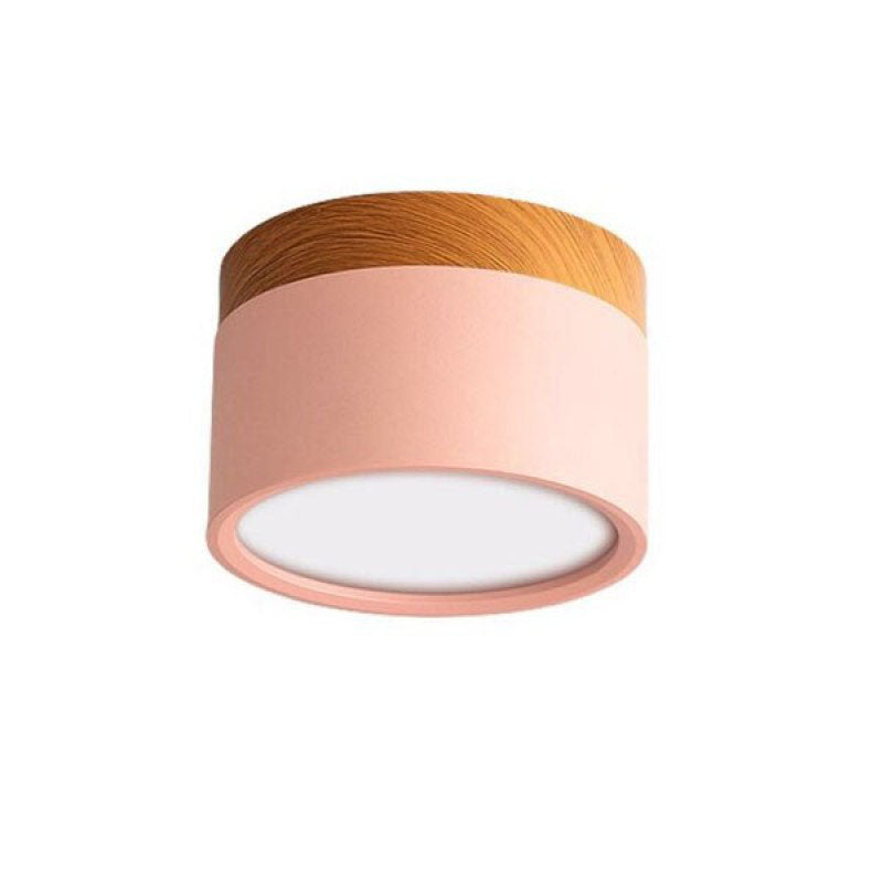 Clérachic Wood-Grain Cylinder Ceiling Light in pink, a short barrel with a pale wood-grain top collar.